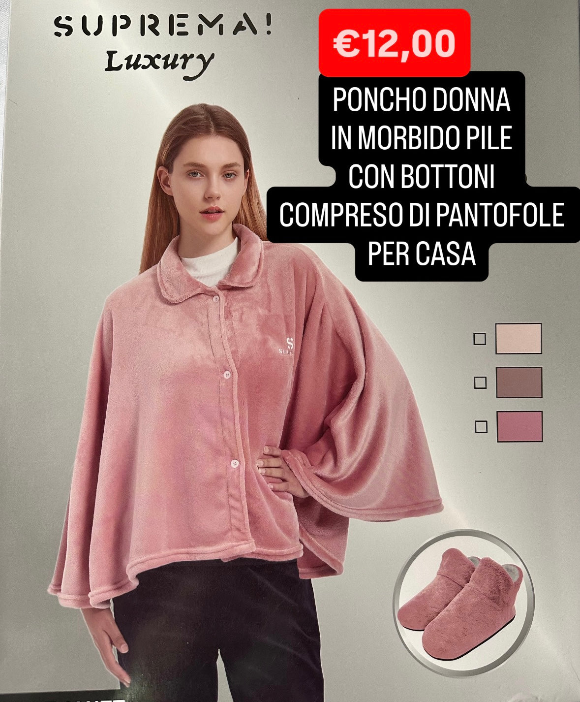 PONCHO DONNA IN MORBIDO PILE CON PANTOFOLE PER CASA (Taglia unica calza fino ad una XXL)