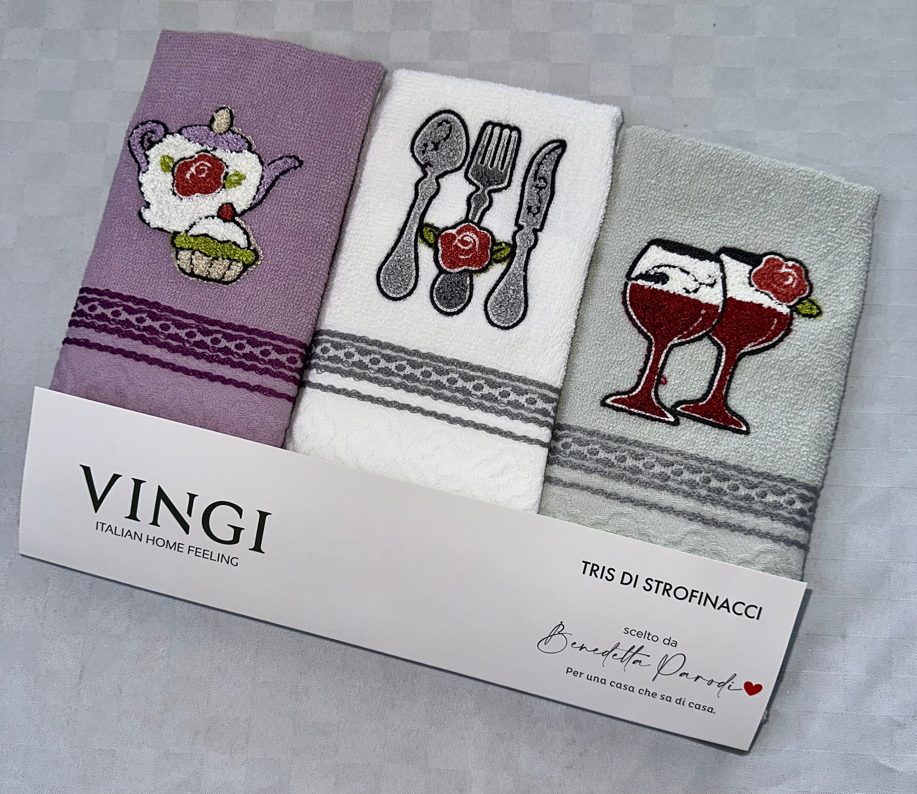 SET 3 PEZZI STROFINACCI CUCINA IN SPUGNA VINGI CON RICAMO