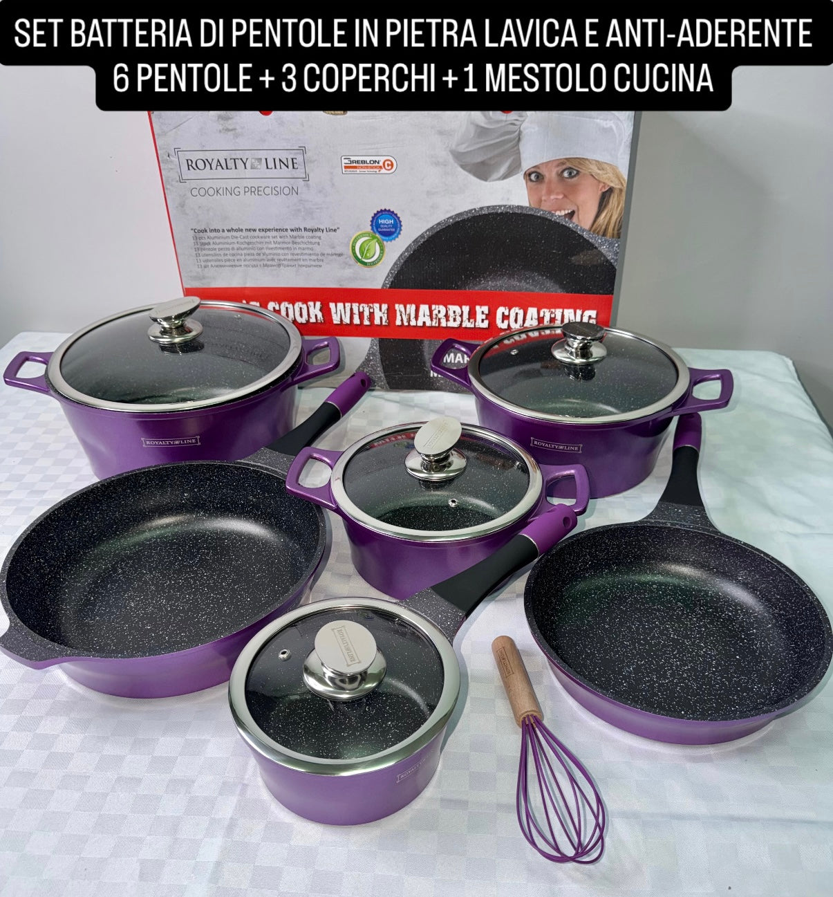 SET BATTERIA DI PENTOLE ROYALTY LINE IN PIETRA LAVICA E ANTI-ADERENTE contiene 6 PENTOLE ,4 COPERCHI e 1 MESTOLO DA CUCINA