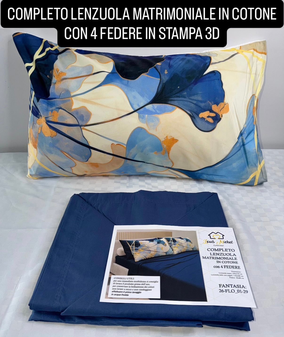 COMPLETO LENZUOLA MATRIMONIALE IN COTONE contiene LENZUOLO SOPRA, LENZUOLO SOTTO E 4 FEDERE IN STAMPA 3D