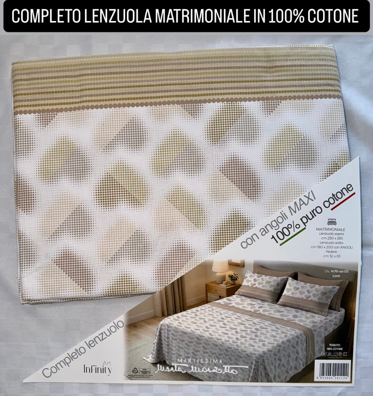 COMPLETO LENZUOLA MATRIMONIALE IN 100% COTONE , contiene Lenzuolo sopra, Lenzuolo sotto con angoli e due Federe