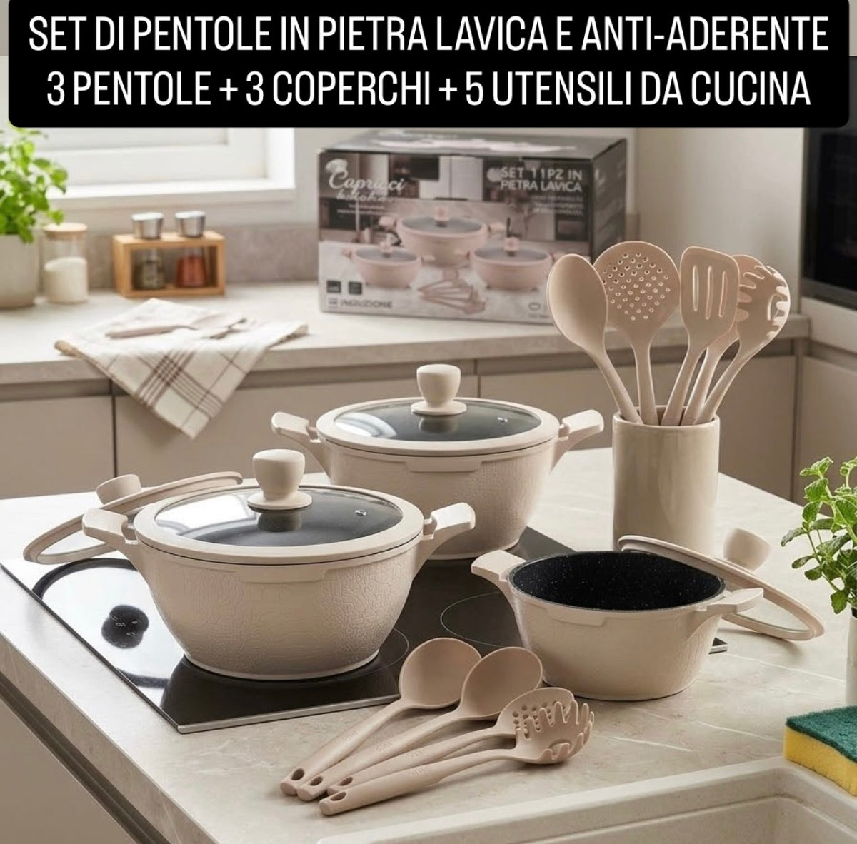 SET DI PENTOLE IN PIETRA LAVICA E ANTI-ADERENTE contiene 3 PENTOLE ,3 COPERCHI e 5 MESTOLI DA CUCINA