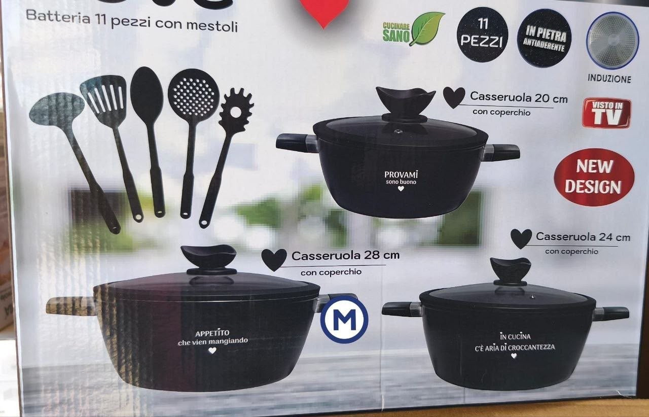 SET PENTOLE BAVARIA IN PIETRA LAVICA E ANTI-ADERENTE contiene 3 PENTOLE ,3 COPERCHI e 5 MESTOLI DA CUCINA