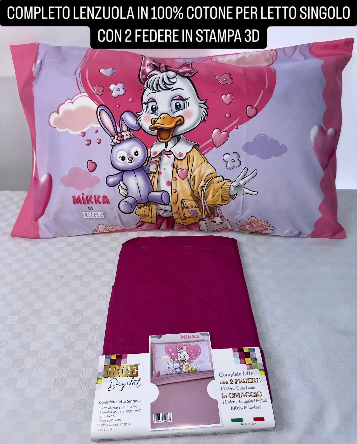 COMPLETO LENZUOLA IN 100% COTONE PER LETTO SINGOLO CON 2 FEDERE IN STAMPA 3D