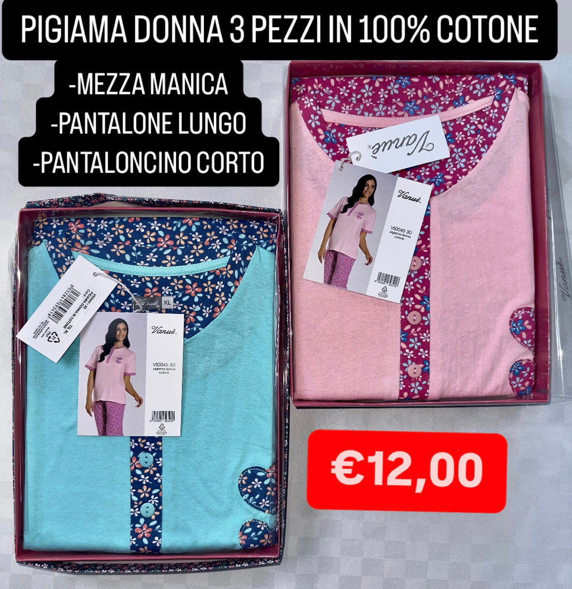 PIGIAMA DONNA 3 PEZZI IN 100% COTONE Maglia mezza manica, Pantalone lungo e Pantaloncino corto