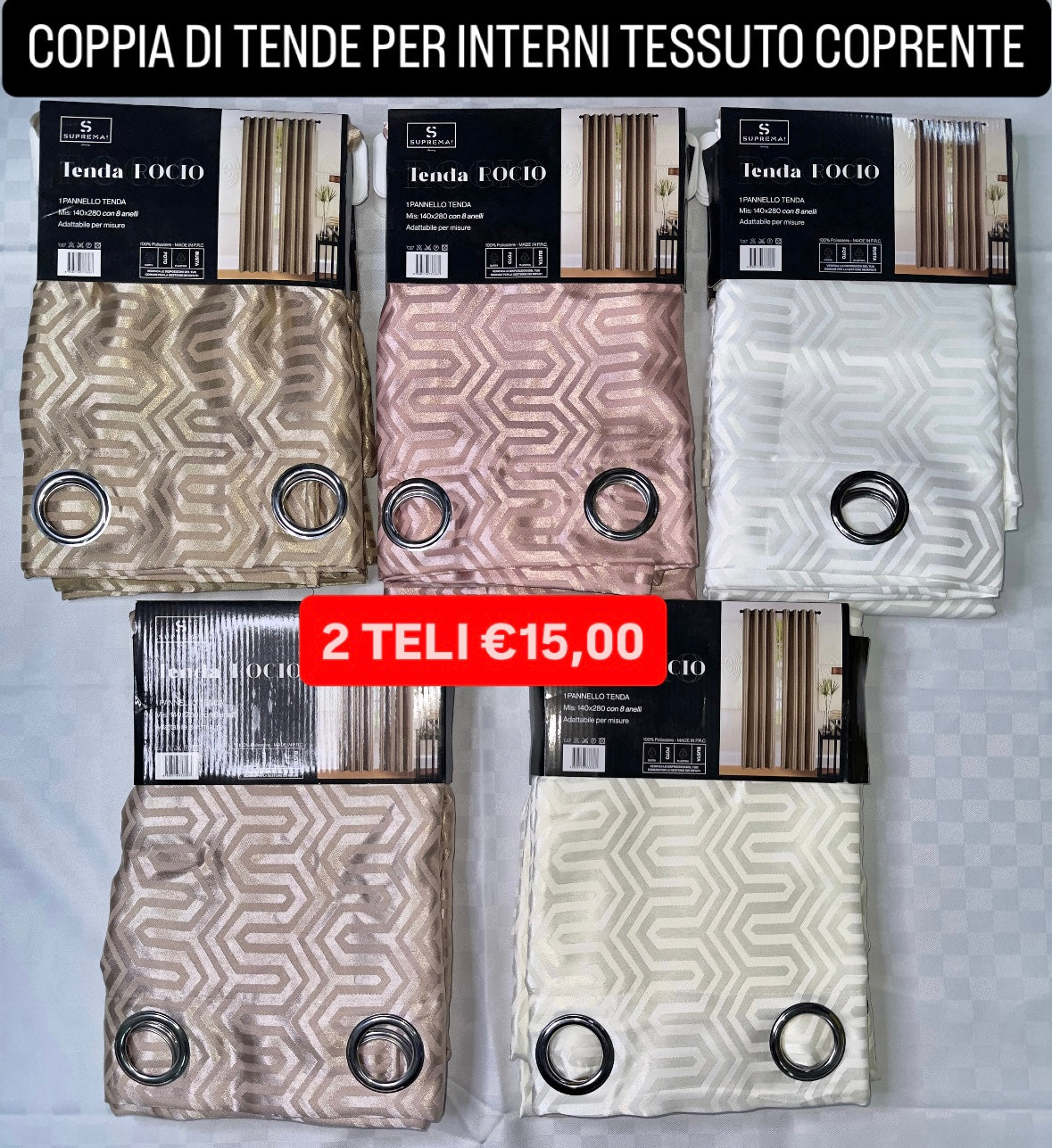 COPPIA DI TENDE PER INTERNI TESSUTO COPRENTE CONFEZIONE DA 2 TELI (OGNI TELO MISURA 140x280cm)art. Rocio