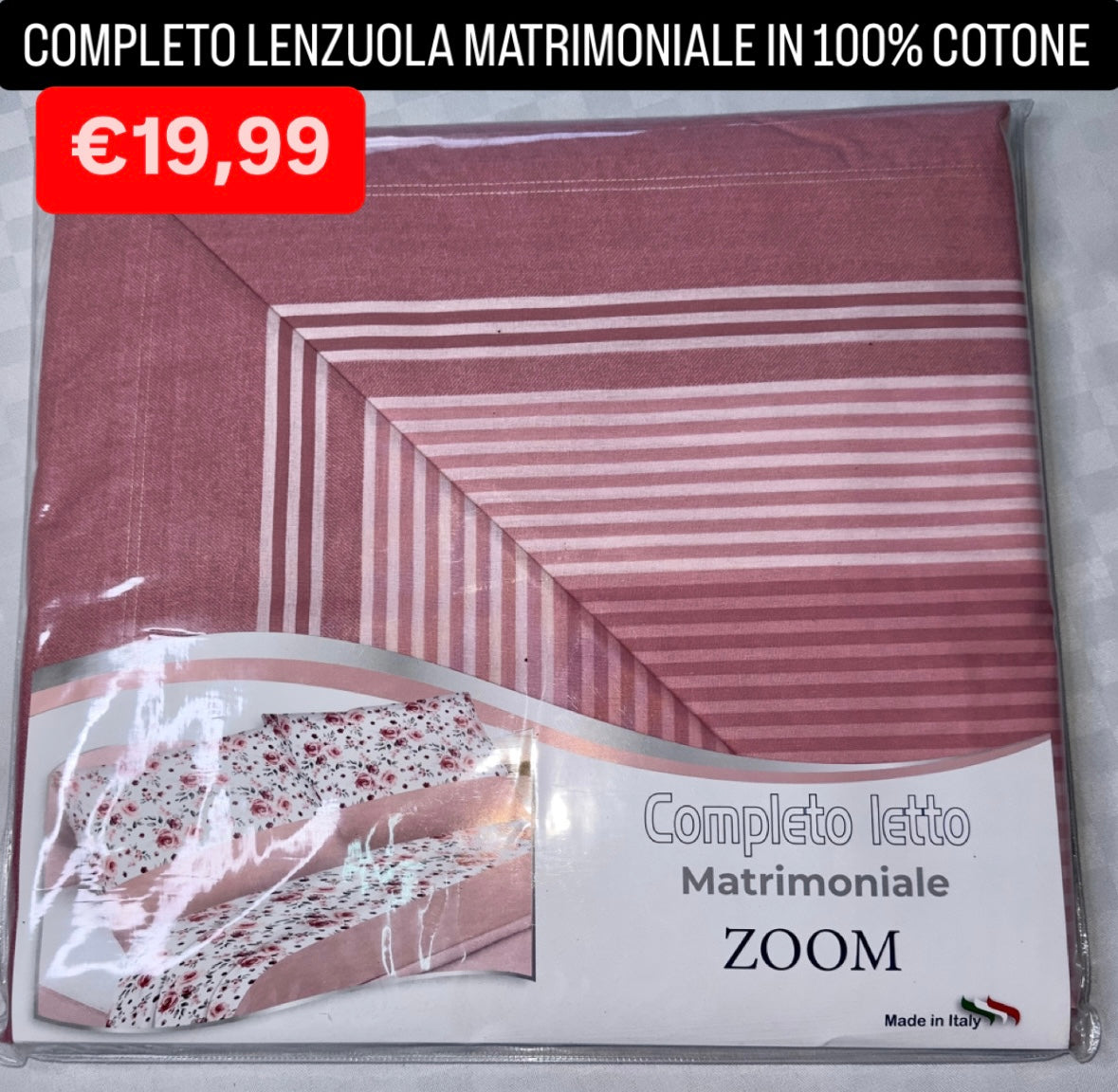 COMPLETO LENZUOLA MATRIMONIALE IN 100% COTONE Lenzuolo sopra, Lenzuolo sotto con angoli e due Federe