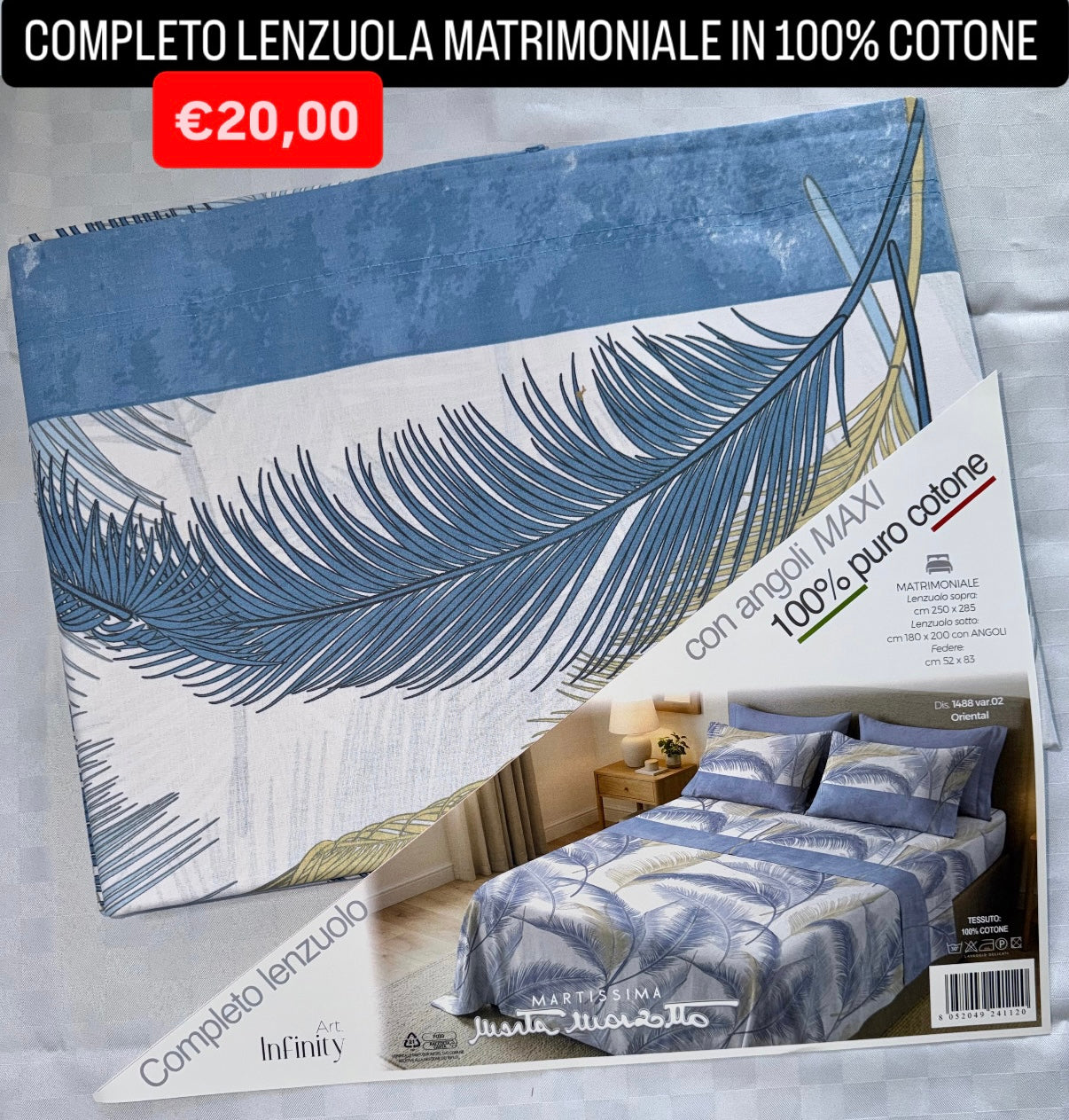 COMPLETO LENZUOLA MATRIMONIALE IN 100% COTONE , contiene Lenzuolo sopra, Lenzuolo sotto con angoli e due Federe