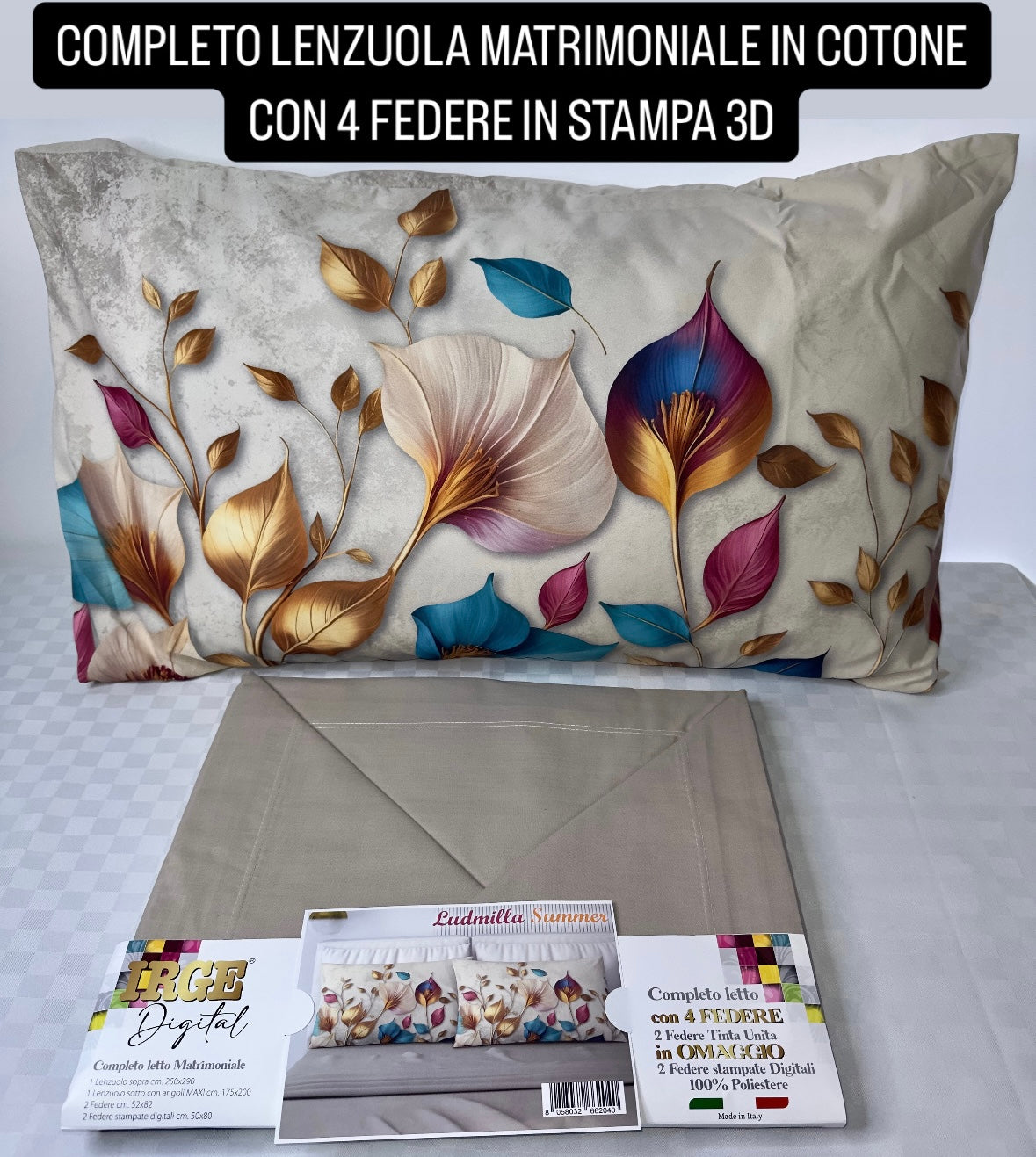 COMPLETO LENZUOLA MATRIMONIALE IN COTONE, LENZUOLO SOPRA, LENZUOLO SOTTO E 4 FEDERE IN STAMPA 3D