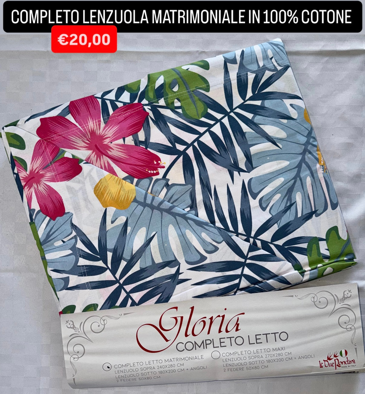COMPLETO LENZUOLA MATRIMONIALE IN 100% COTONE , contiene Lenzuolo sopra, Lenzuolo sotto con angoli e due Federe