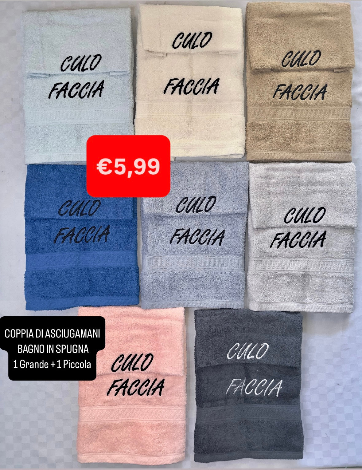 COPPIA ASCIUGAMANI BAGNO IN SPUGNA 1 Grande Viso + 1 Piccola Ospite