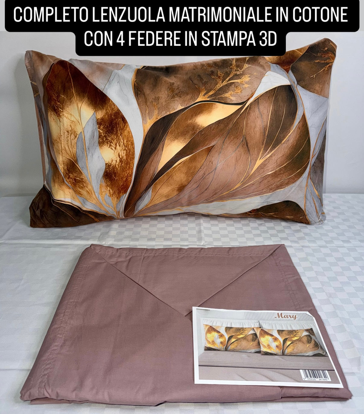 COMPLETO LENZUOLA MATRIMONIALE IN COTONE contiene LENZUOLO SOPRA, LENZUOLO SOTTO E 4 FEDERE IN STAMPA 3D