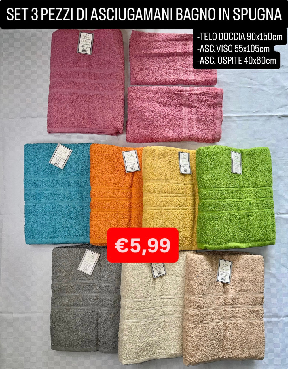SET 3 PEZZI ASCIUGAMANI BAGNO IN SPUGNA contiene TELO DOCCIA 100x150cm, ASCIUGAMANO VISO  60x100cm e ASCIUGAMANO OSPITE 40x60cm