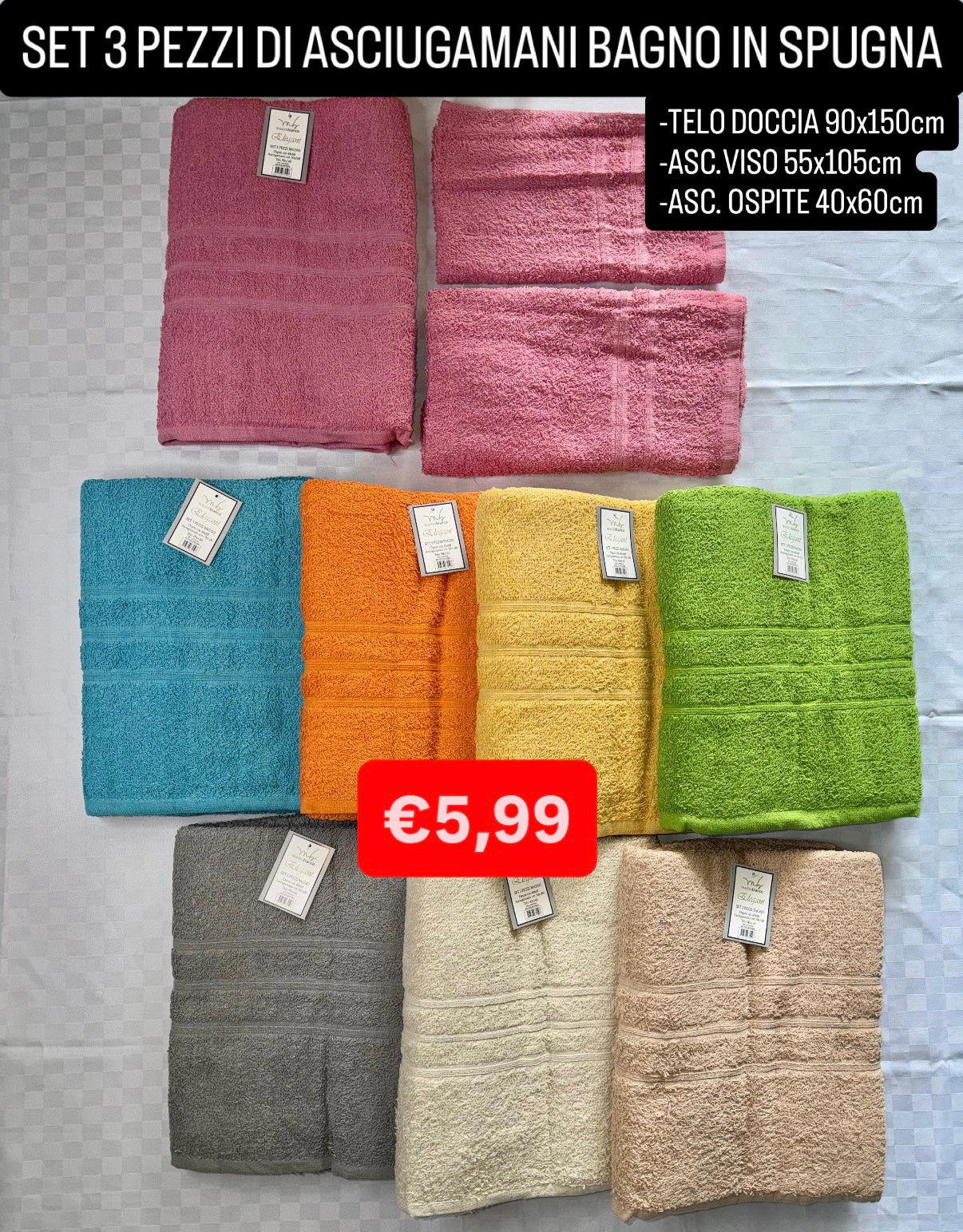 SET 3 PEZZI ASCIUGAMANI BAGNO IN SPUGNA contiene TELO DOCCIA 100x150cm, ASCIUGAMANO VISO  60x100cm e ASCIUGAMANO OSPITE 40x60cm