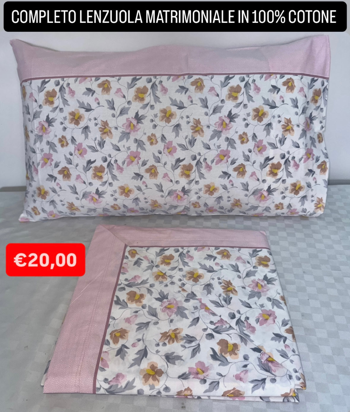 COMPLETO LENZUOLA MATRIMONIALE IN 100% COTONE Lenzuolo sopra, Lenzuolo sotto con angoli e due Federe