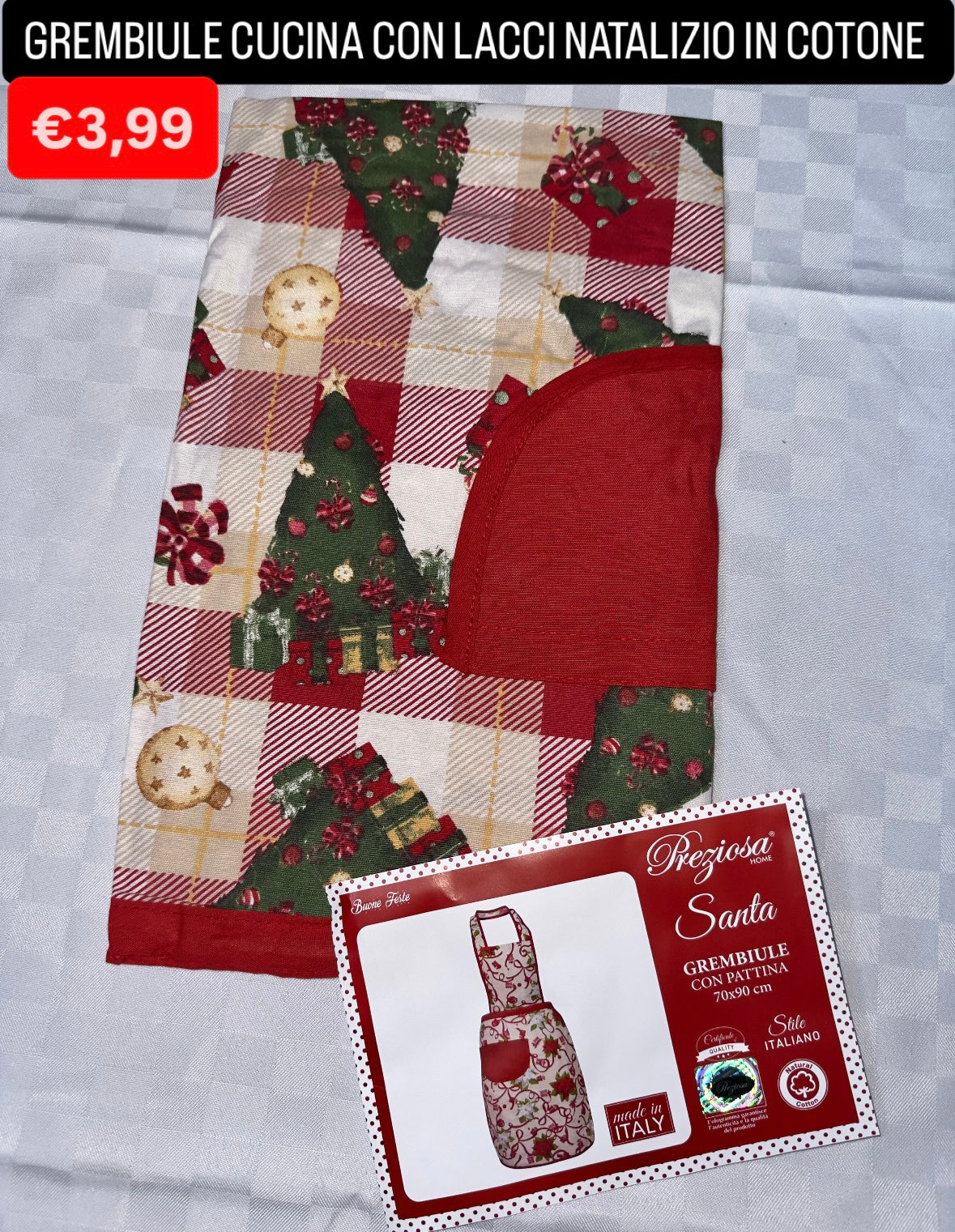 GREMBIULE CUCINA CON LACCI NATALIZIO IN COTONE