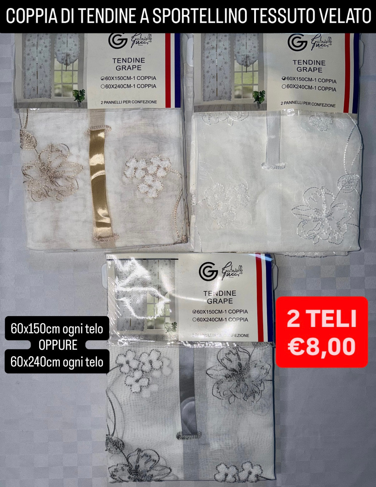 COPPIA DI TENDINE A SPORTELLINO TESSUTO VELATO (CONFEZIONE DA 2 TELI) art. Grape