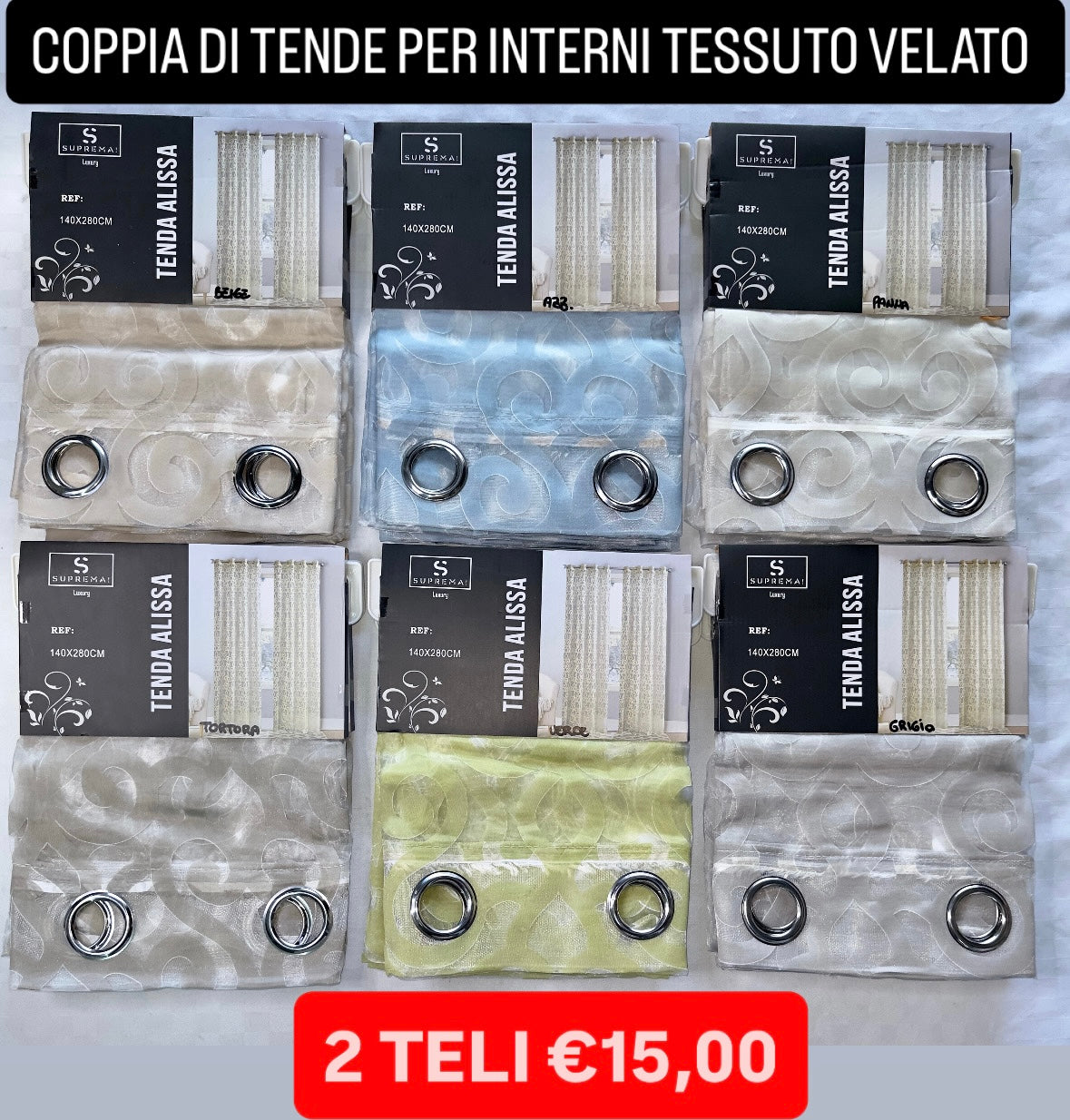 COPPIA DI TENDE PER INTERNI VELATE CONFEZIONE DA 2 TELI (OGNI TELO MISURA 140x280cm)art.  Fede