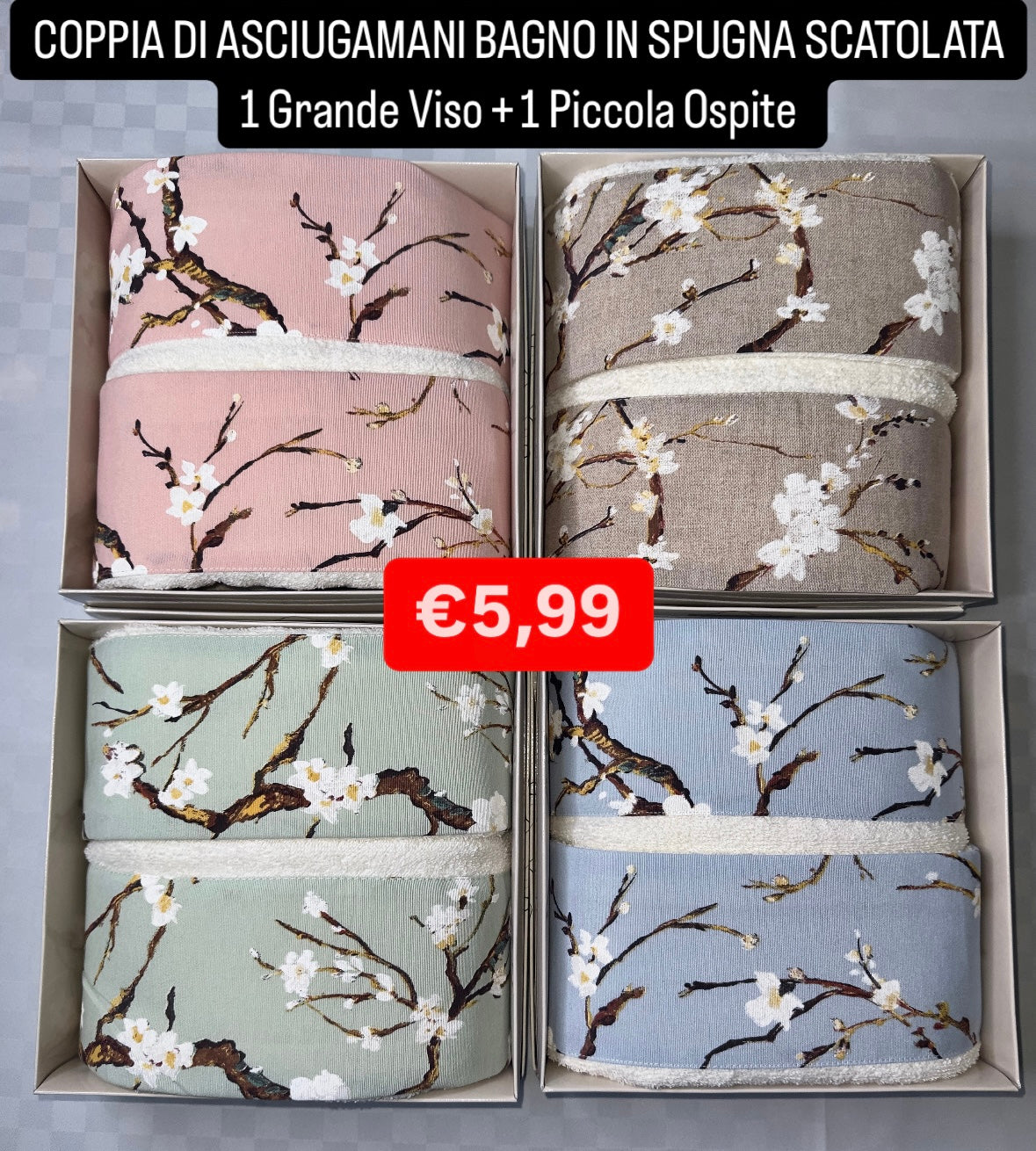 COPPIA DI ASCIUGAMANI BAGNO IN SPUGNA SCATOLATA  1 Grande Viso + 1 Piccola Ospite