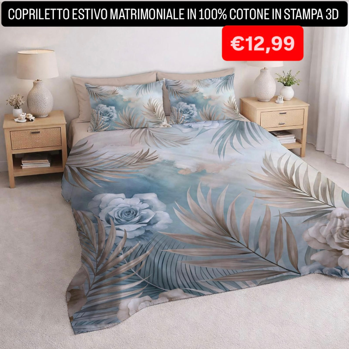 COPRILETTO ESTIVO MATRIMONIALE IN 100% COTONE CON STAMPA 3D misura 260x260cm