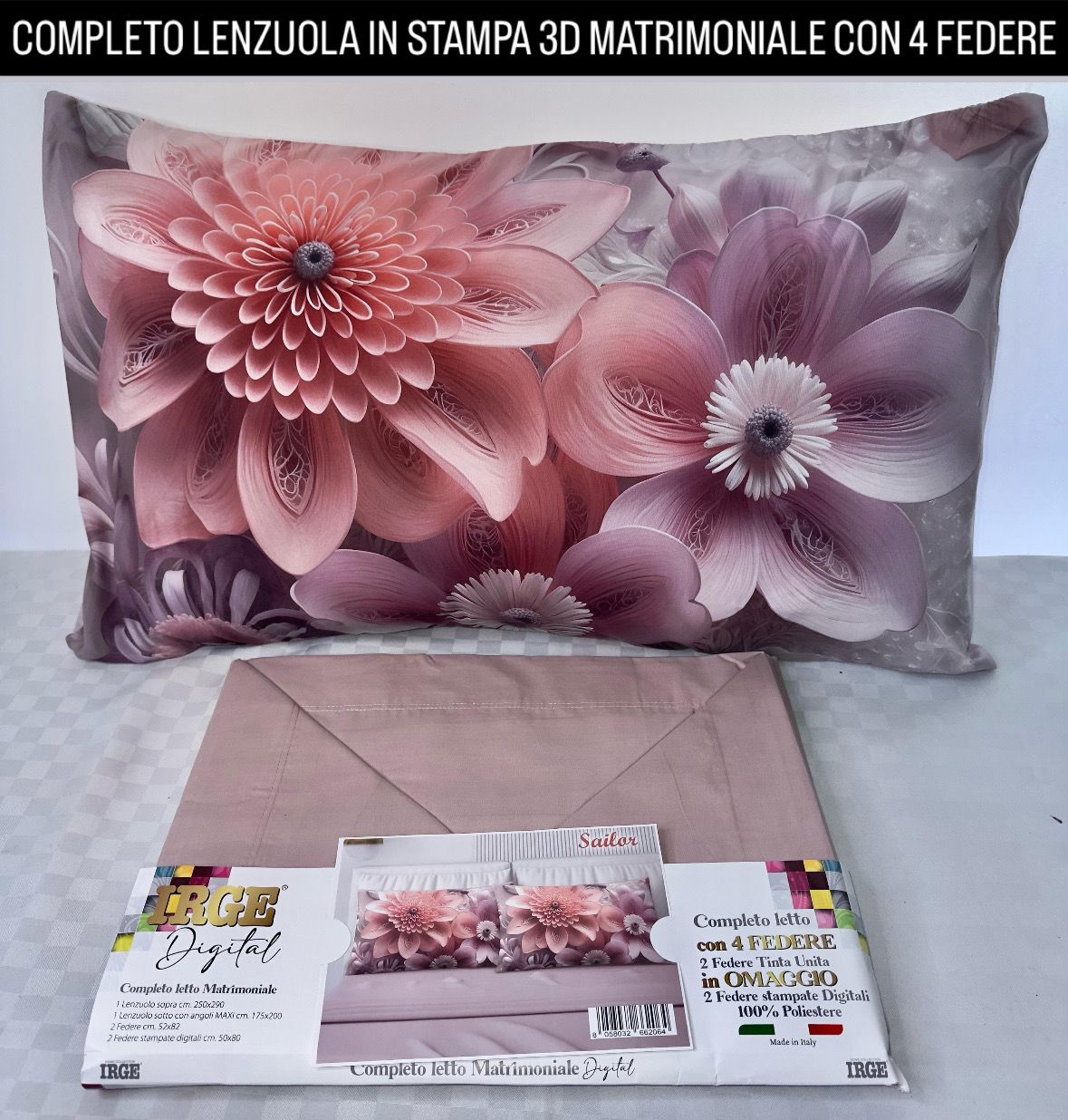 COMPLETO LENZUOLA MATRIMONIALE IN COTONE, LENZUOLO SOPRA, LENZUOLO SOTTO E 4 FEDERE IN STAMPA 3D.