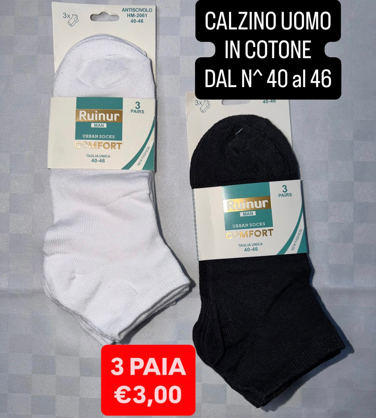 CALZINO UOMO CORTO IN COTONE CONFEZIONE DA 3 PAIA dal numero 40 al 46