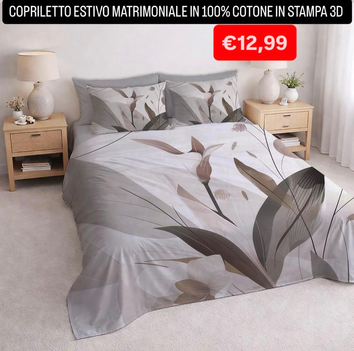 COPRILETTO ESTIVO MATRIMONIALE IN 100% COTONE CON STAMPA 3D misura 260x260cm