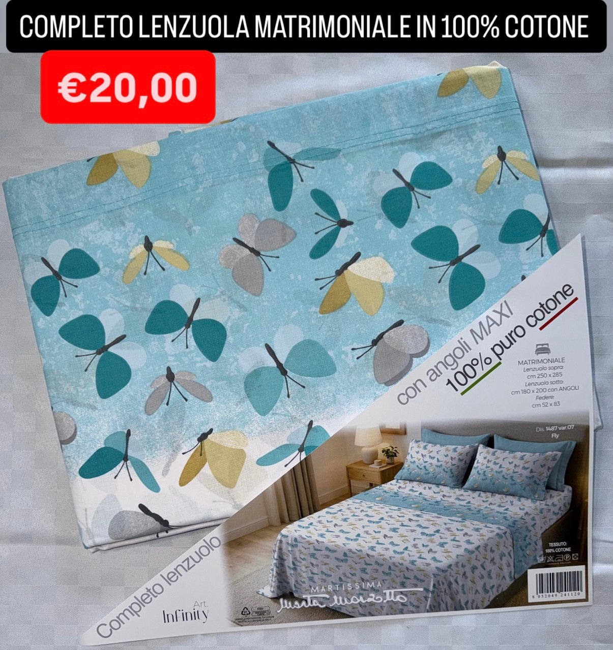 COMPLETO LENZUOLA MATRIMONIALE IN 100% COTONE , contiene Lenzuolo sopra, Lenzuolo sotto con angoli e due Federe