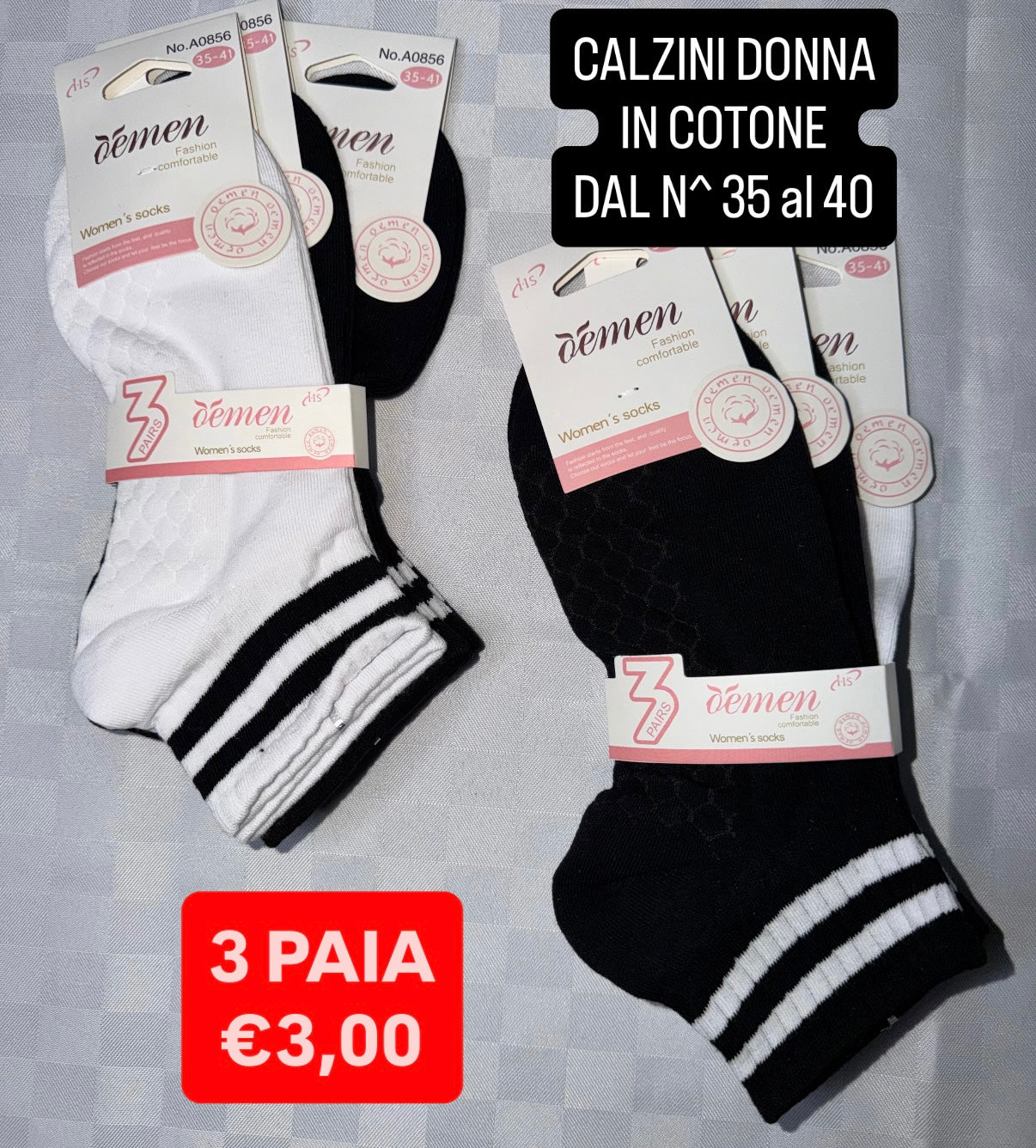 CALZINO DONNA IN COTONE CORTO Dal Numero 35 al 40,CONFEZIONE DA 3 PAIA (COLORE CASUALE)