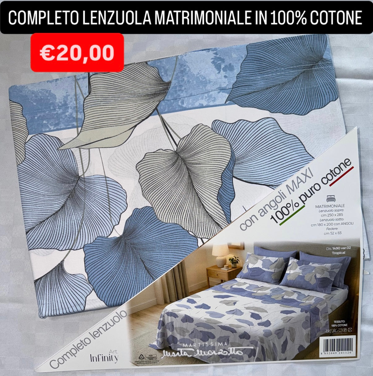 COMPLETO LENZUOLA MATRIMONIALE IN 100% COTONE , contiene Lenzuolo sopra, Lenzuolo sotto con angoli e due Federe