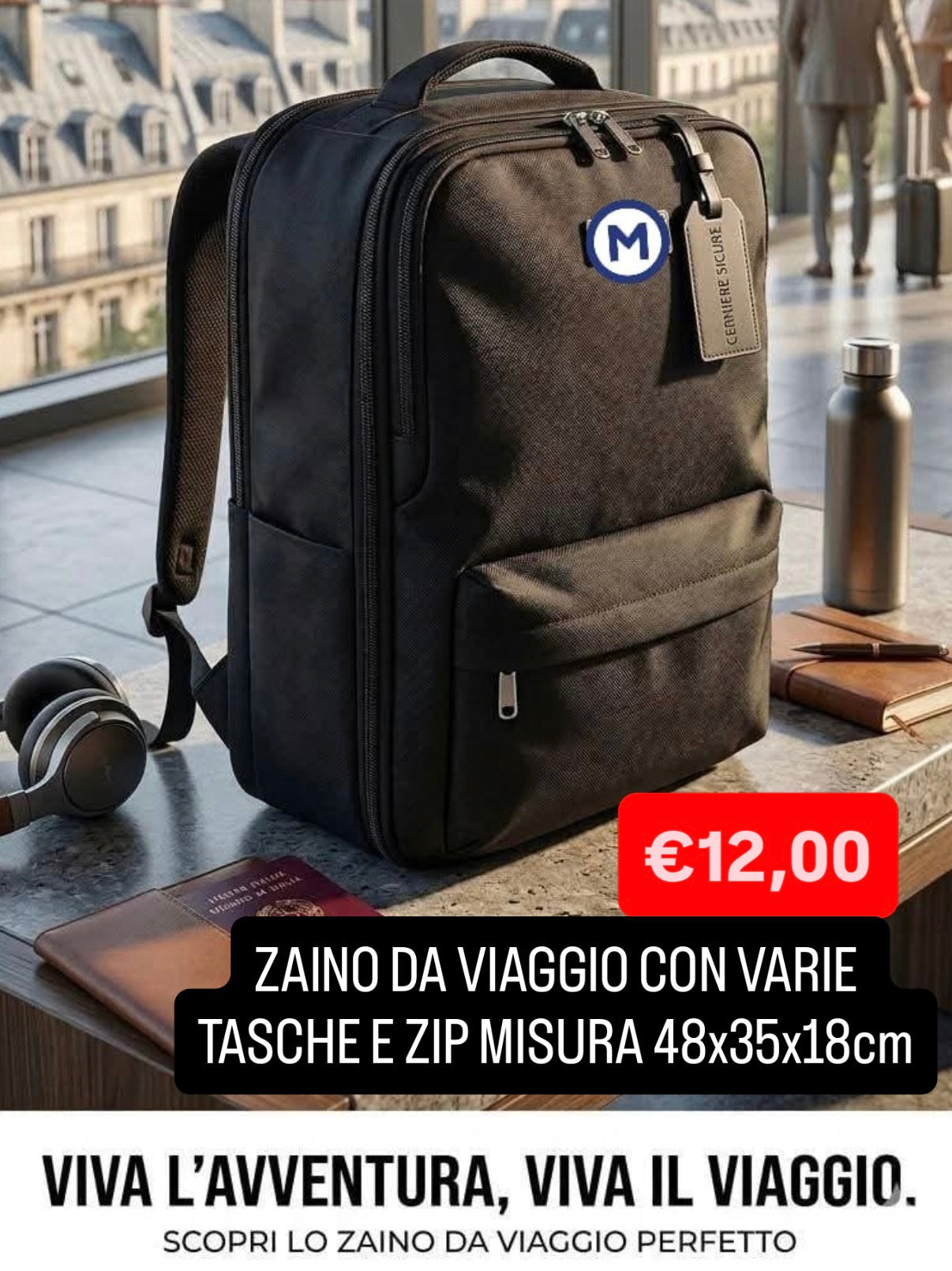 ZAINO DA VIAGGIO CON VARIE TASCHE E ZIP misura 48x35x18cm