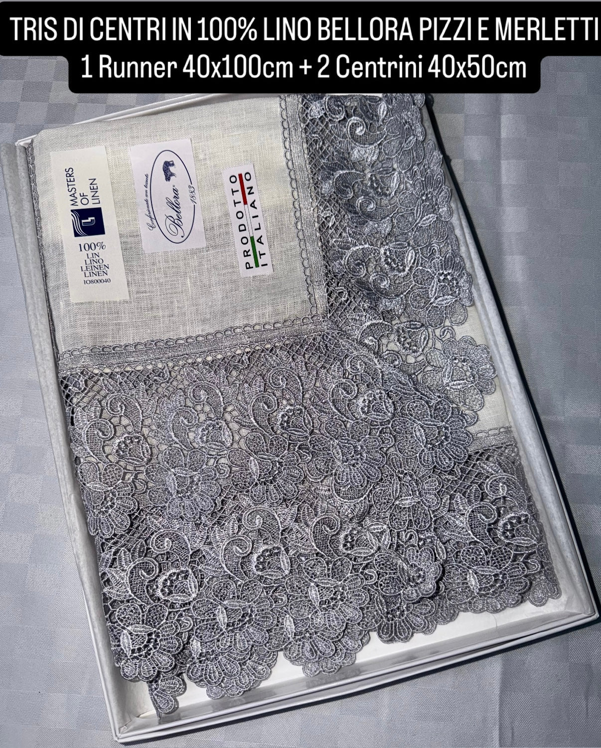 TRIS DI CENTRI IN 100% LINO BELLORA PIZZI E MERLETTI 1 Runner 40x100cm + 2 Centrini 40x50cm