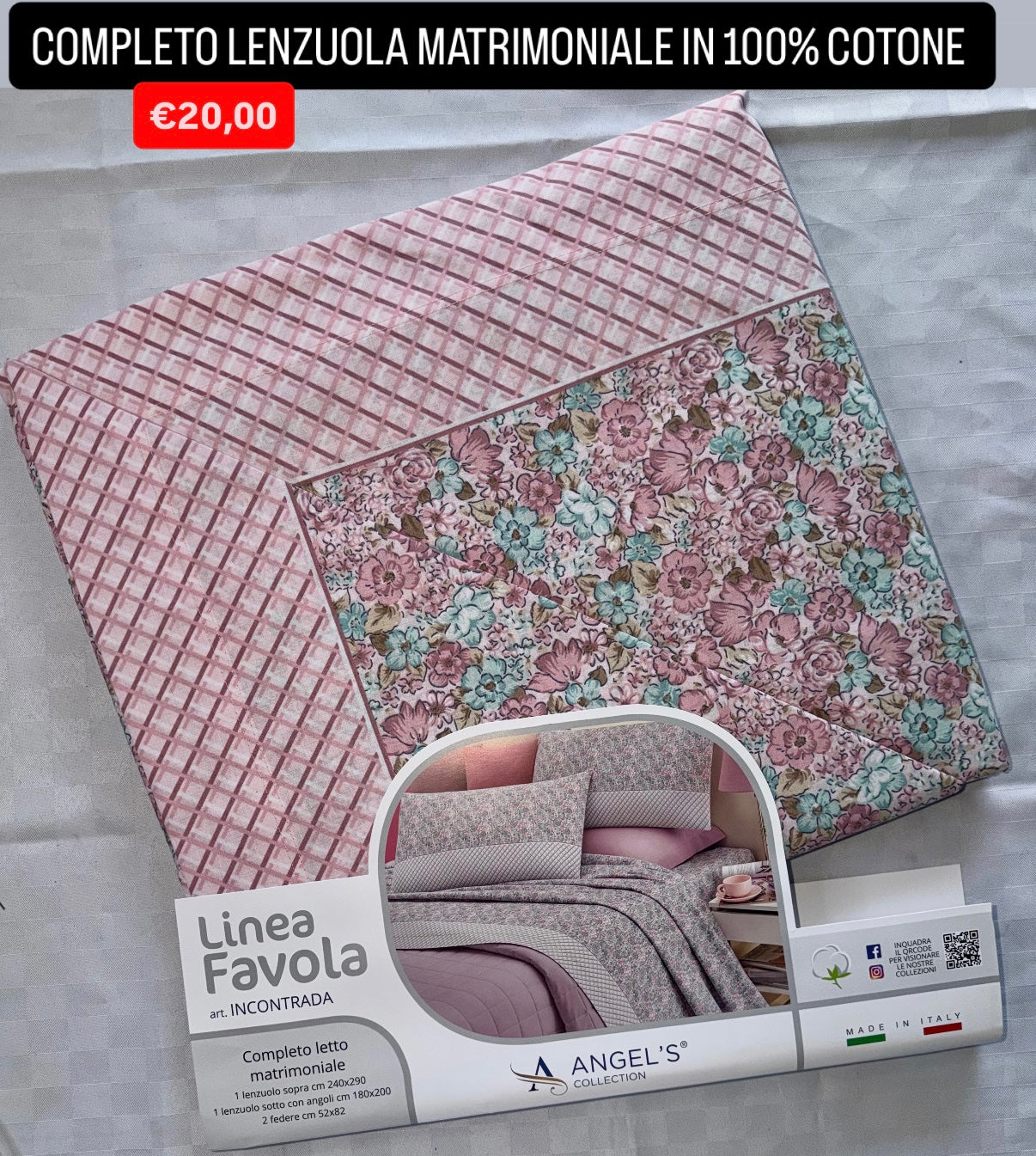 COMPLETO LENZUOLA MATRIMONIALE IN 100% COTONE , contiene Lenzuolo sopra, Lenzuolo sotto con angoli e due Federe