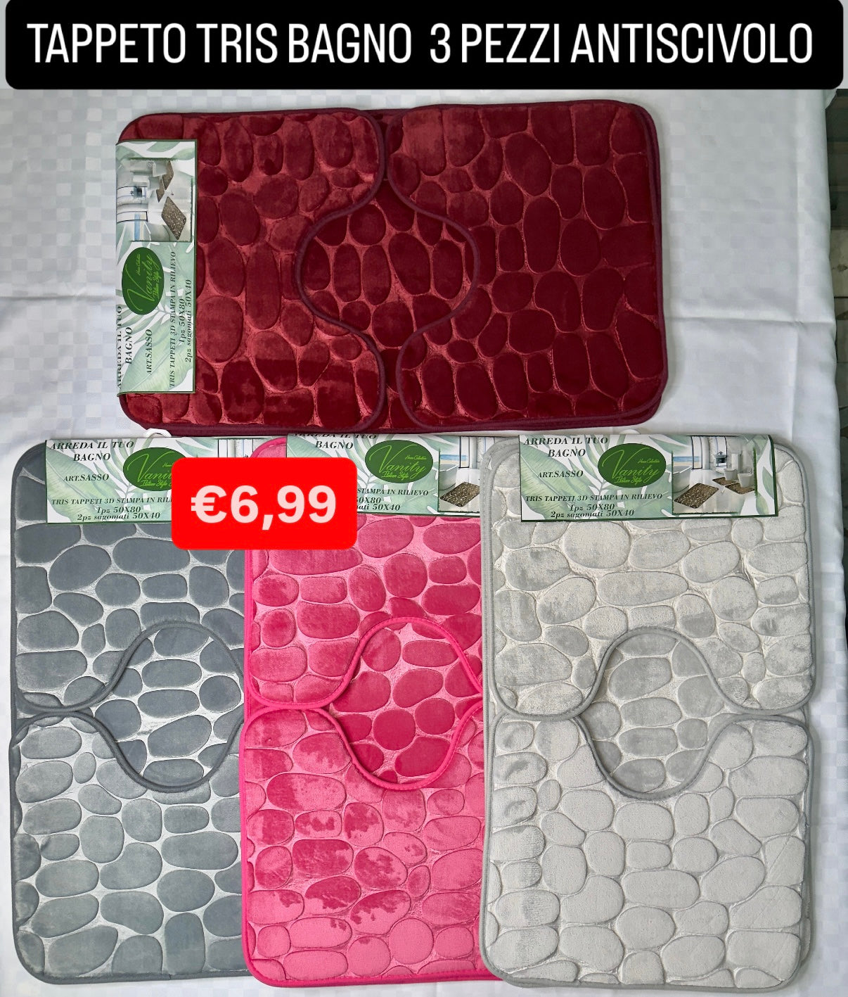 TRIS TAPPETO BAGNO 3 PEZZI ANTISCIVOLO ( 1 Pezzo 50x80cm e 2 Pezzi 50x40cm)