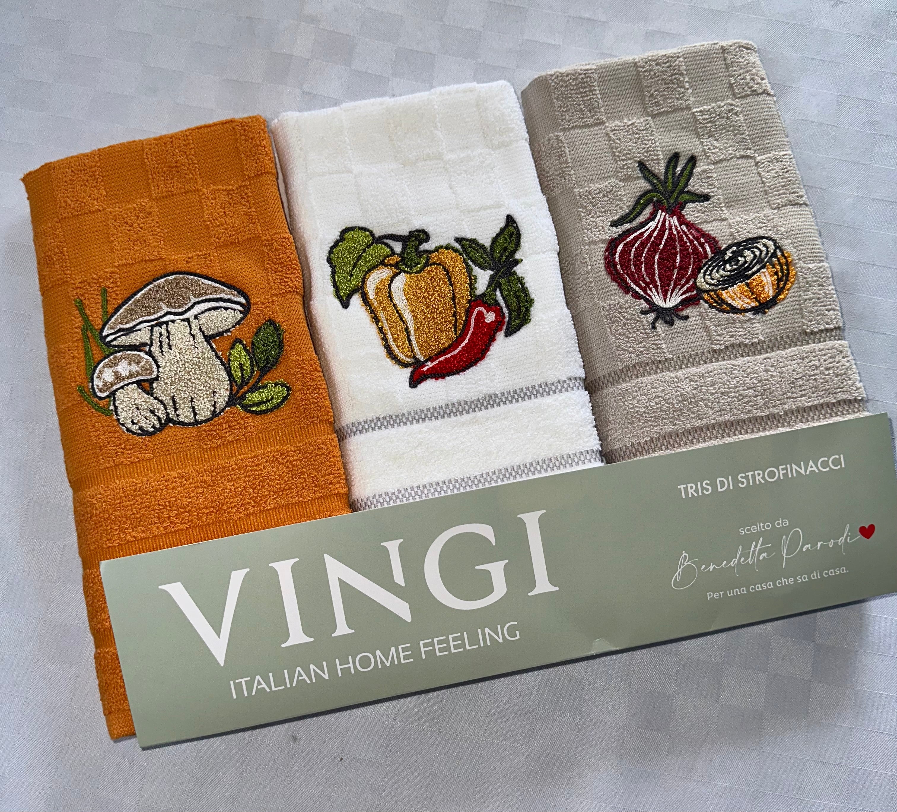 SET 3 PEZZI STROFINACCI CUCINA IN SPUGNA VINGI CON RICAMO