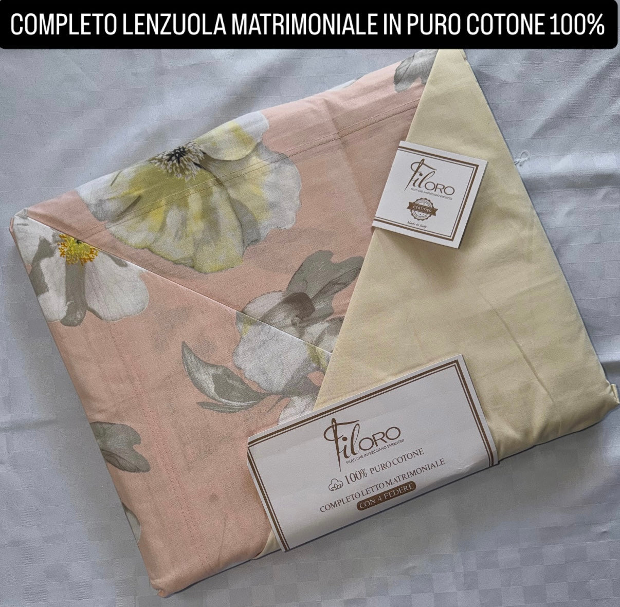 COMPLETO LENZUOLA MATRIMONIALE IN 100% PURO COTONE CON 4 FEDERE , contiene Lenzuolo sopra, Lenzuolo sotto con angoli e quattro Federe