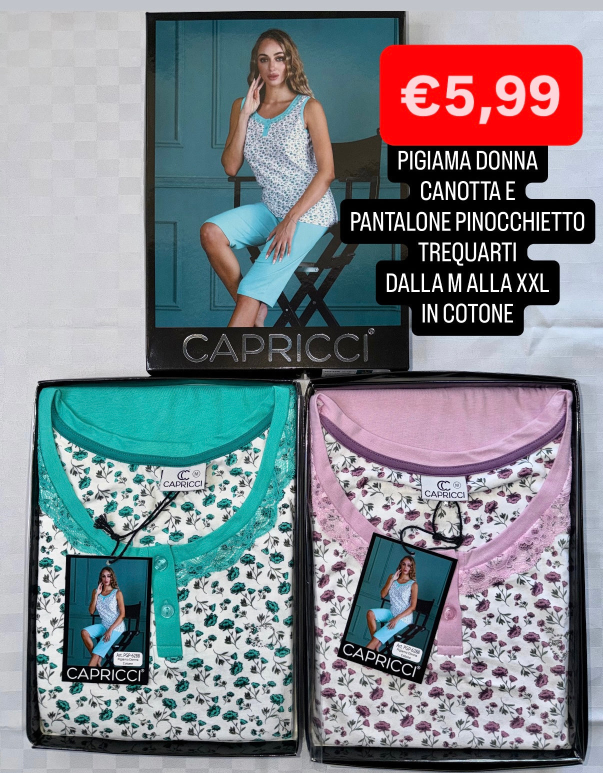 PIGIAMA DONNA Canotta e Pantalone pinocchietto trequarti in 100% cotone