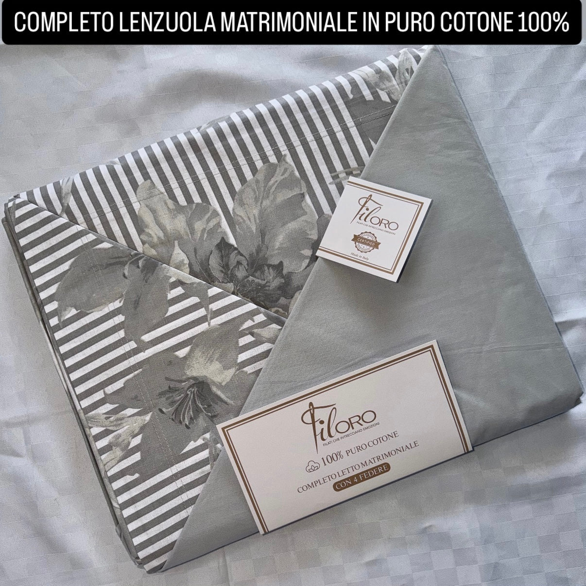 COMPLETO LENZUOLA MATRIMONIALE IN 100% PURO COTONE CON 4 FEDERE , contiene Lenzuolo sopra, Lenzuolo sotto con angoli e quattro Federe