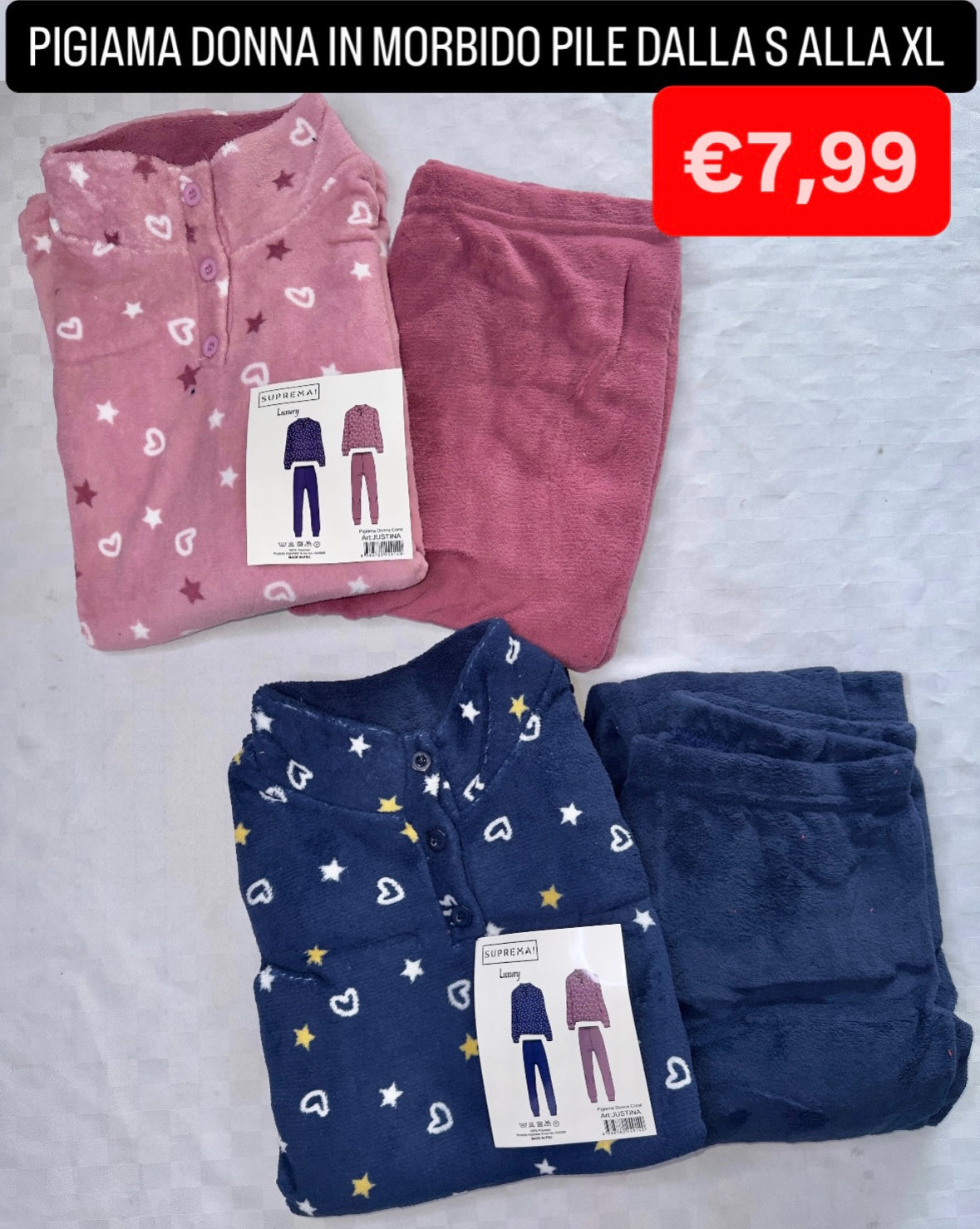 PIGIAMA DONNA IN MORBIDO PILE MANICA LUNGA E PANTALONE LUNGO art.Justina