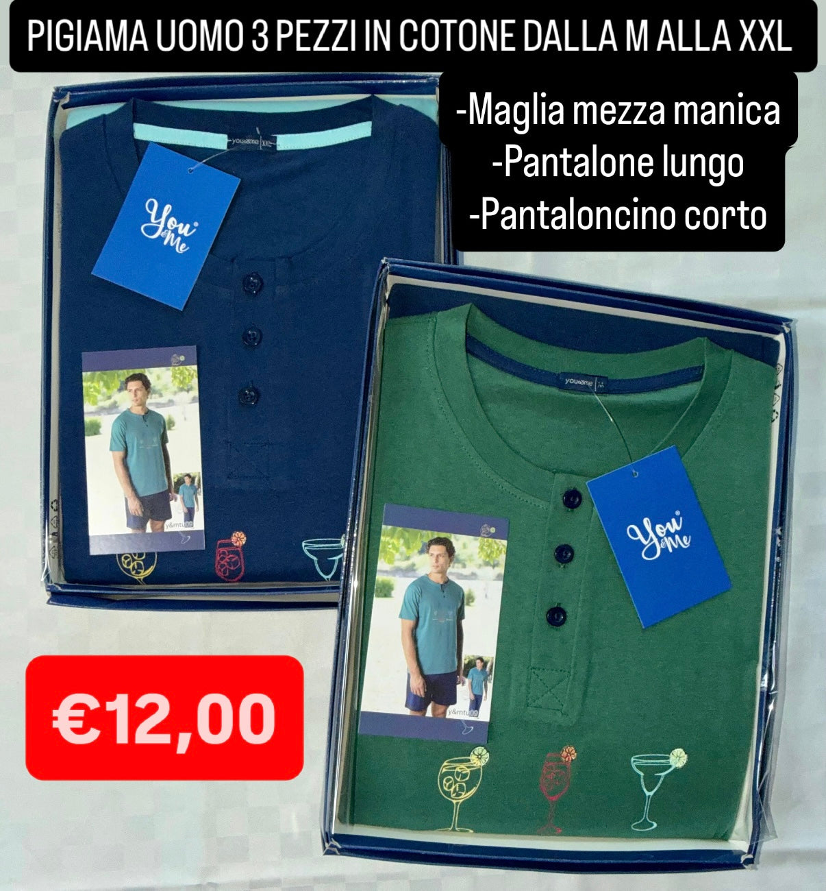 PIGIAMA UOMO 3 PEZZI IN 100% COTONE contiene Maglia mezza manica, Pantalone lungo e Pantaloncino corto