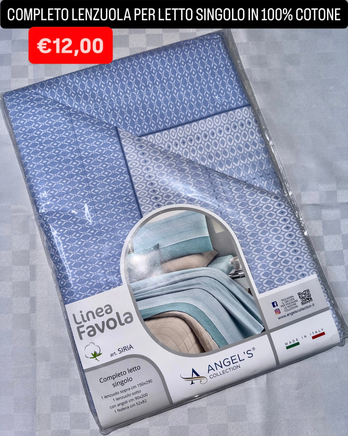COMPLETO LENZUOLA SINGOLO IN 100% COTONE Lenzuolo sopra,Lenzuolo sotto con angoli e Federa