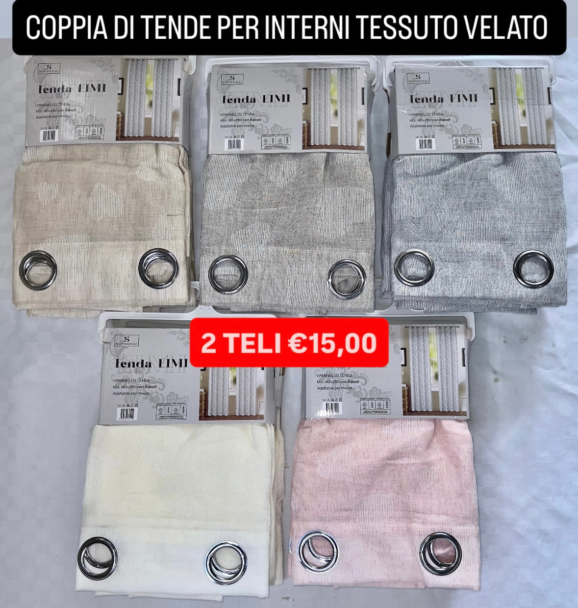 COPPIA DI TENDE PER INTERNI VELATE CONFEZIONE DA 2 TELI (OGNI TELO MISURA 140x280cm)art.  Eimi