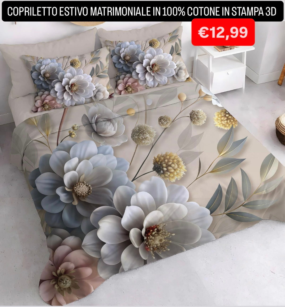 COPRILETTO ESTIVO MATRIMONIALE IN 100% COTONE CON STAMPA 3D misura 260x260cm