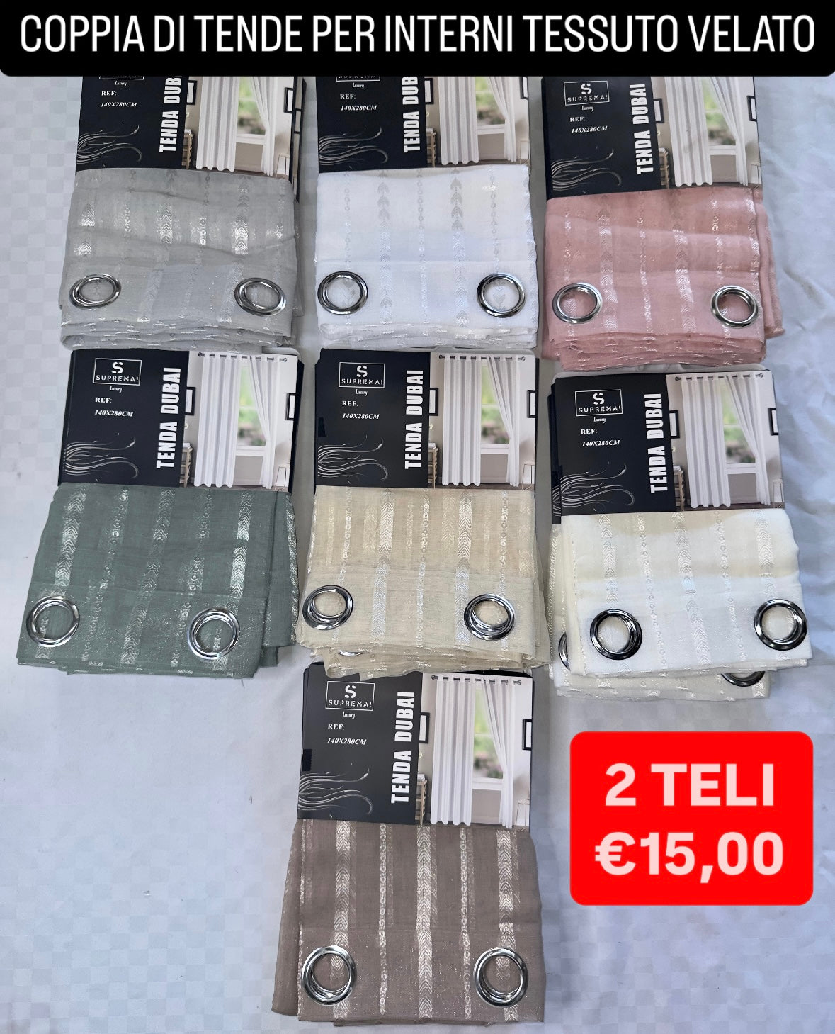 COPPIA DI TENDE PER INTERNI VELATE CONFEZIONE DA 2 TELI (OGNI TELO MISURA 140x280cm)art.  Dubai