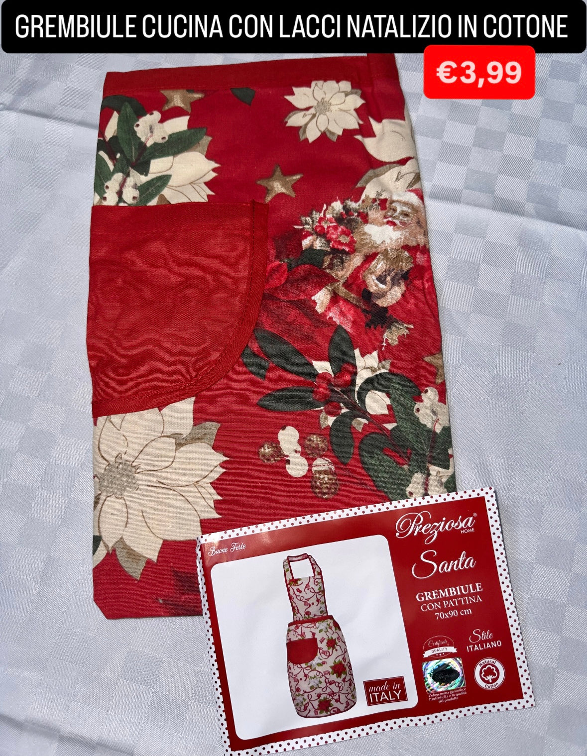 GREMBIULE CUCINA CON LACCI NATALIZIO IN COTONE