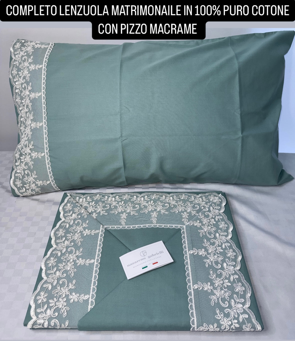 COMPLETO LENZUOLA MATRIMONIALE IN 100% PURO COTONE CON PIZZO MACRAME (Lenzuolo sopra,Lenzuolo sotto con angoli e due federe)