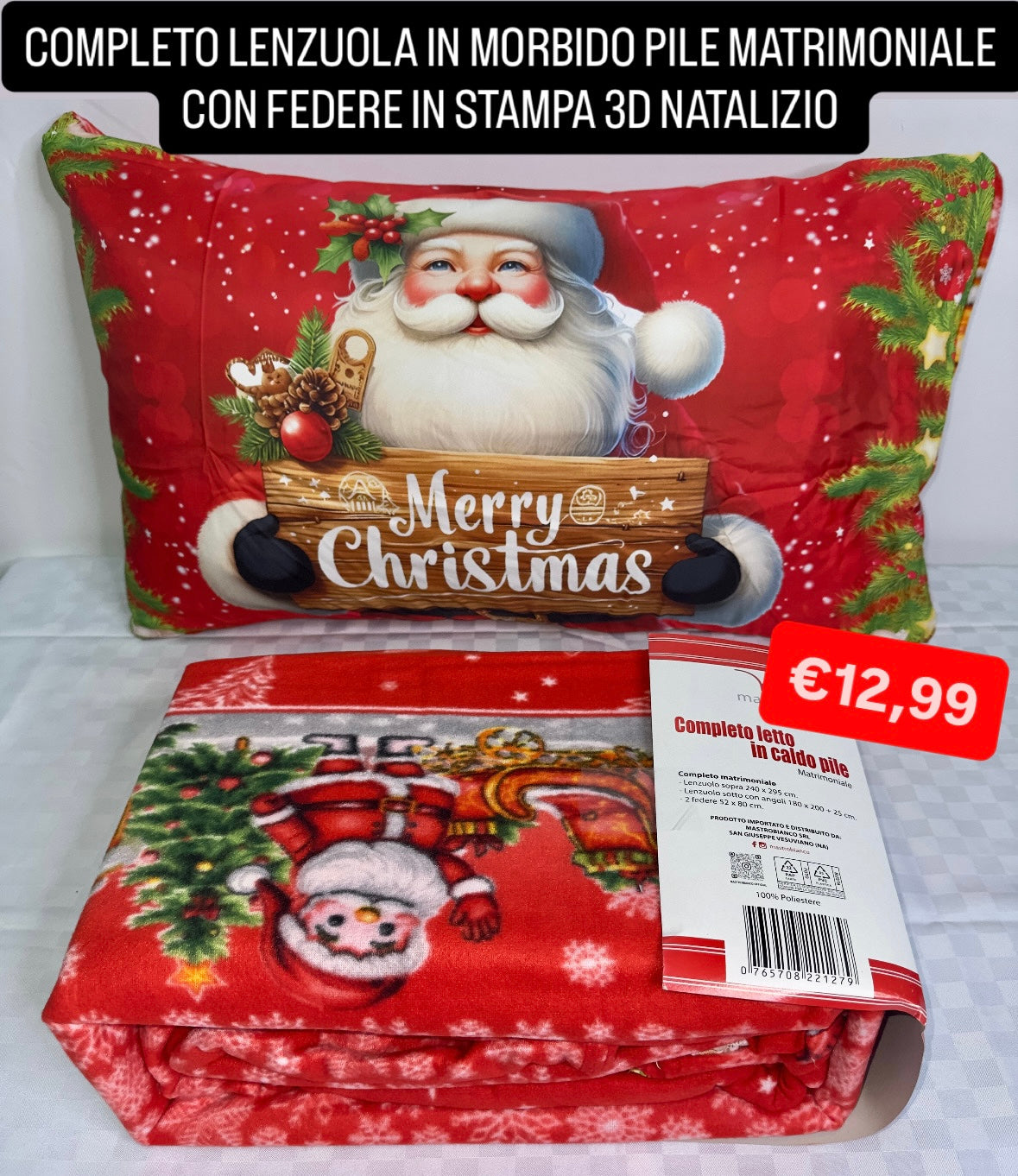 COMPLETO LENZUOLA MATRIMONIALE IN MORBIDO PILE CON STAMPA 3D contiene Lenzuolo sopra,Lenzuolo sotto con angoli e due federe