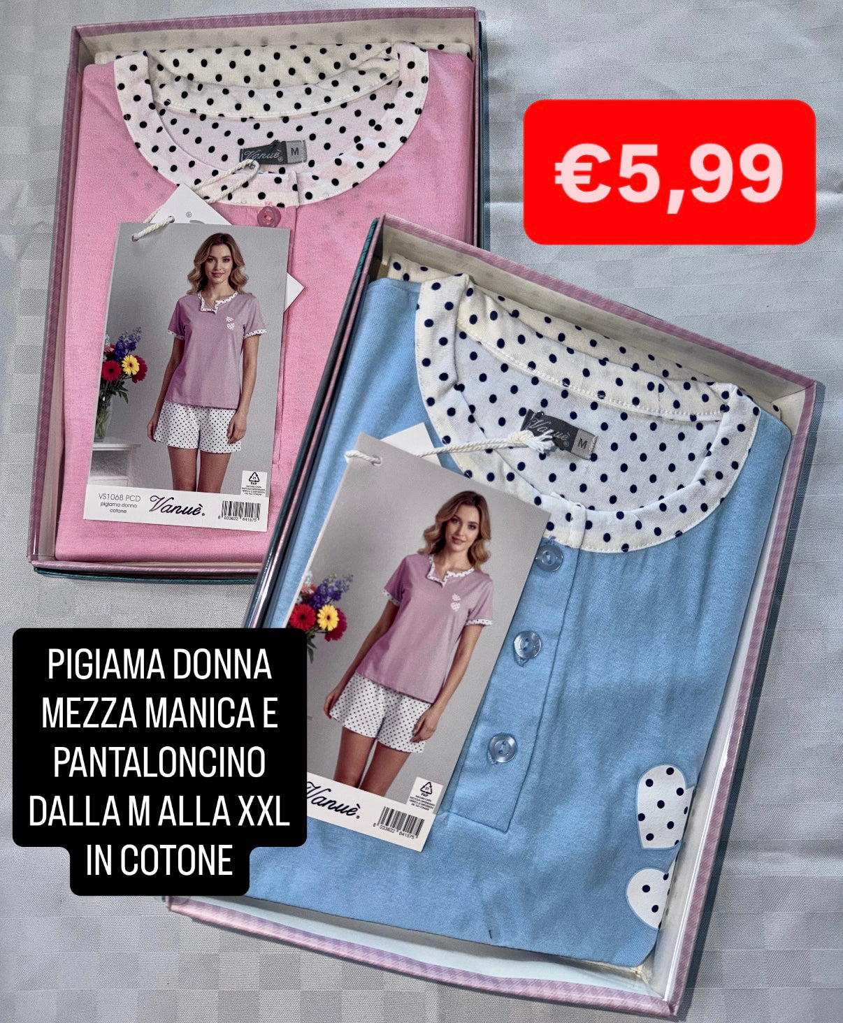 PIGIAMA DONNA Mezza manica e Pantaloncino in 100% cotone