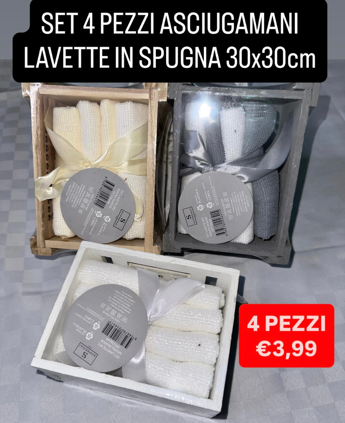 SET 4 PEZZI DI LAVETTE BAGNO 30x30cm IN CONFEZIONE DI LEGNO