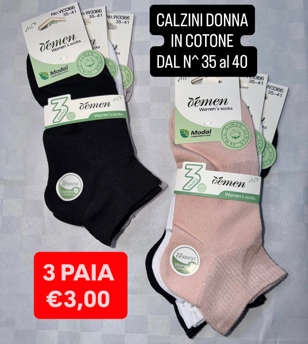 CALZINO DONNA IN COTONE CORTO Dal Numero 35 al 40,CONFEZIONE DA 3 PAIA (COLORE CASUALE)